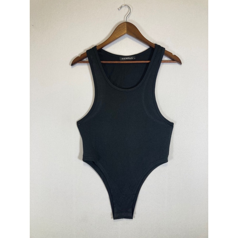 Minimalist INCERUN Women Small Black High Cut Ribbed Scoop Neck Bodysuit